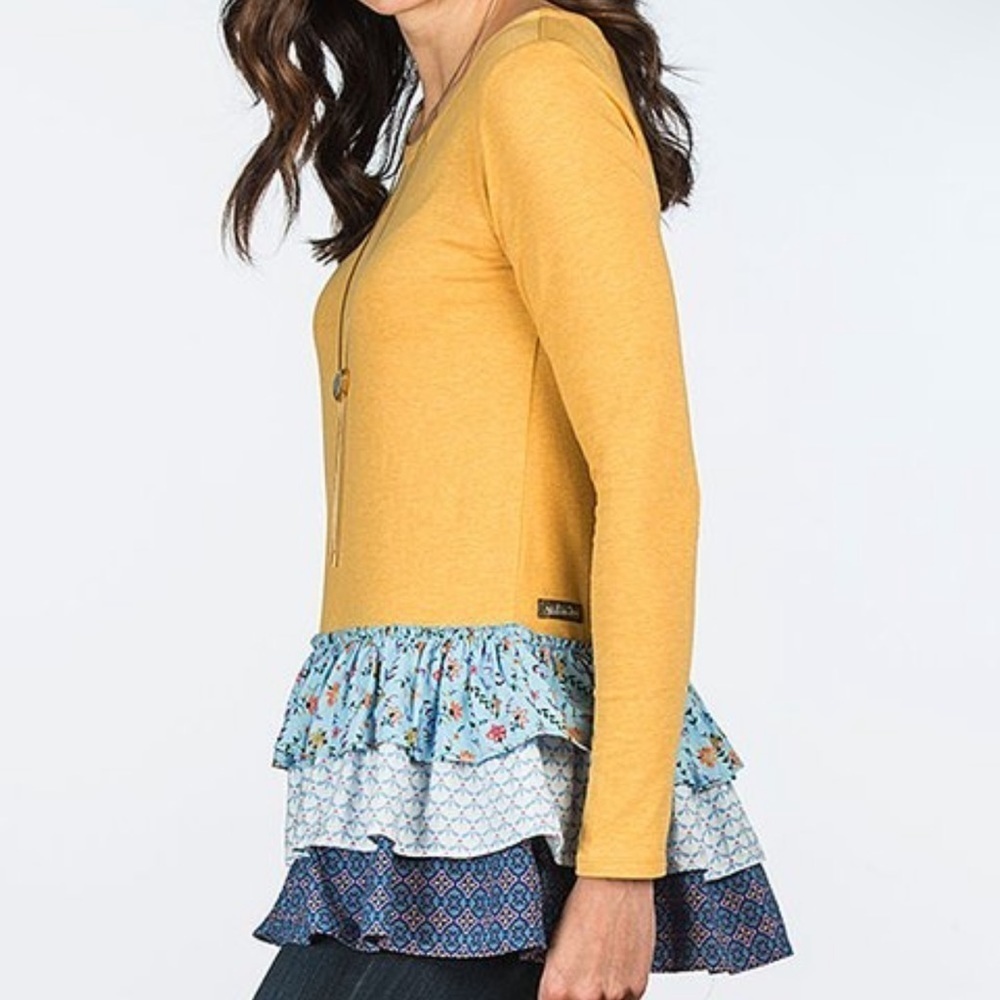 Matilda Jane Ruffle Goldenrod & Blue Abstract Weekend Vibes Top Medium NWT